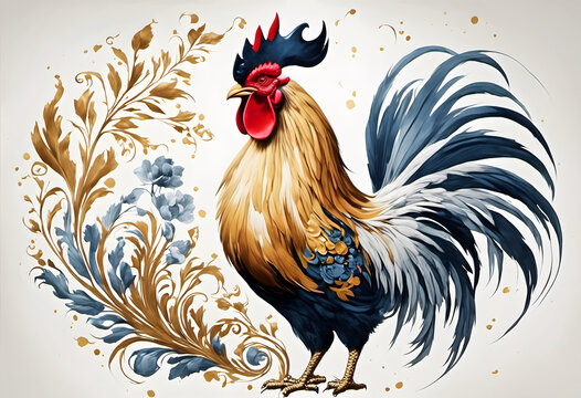 A detailed illustration of a colorful rooster with intricate feather patterns, standing next to ornate floral designs in gold and blue. National Chicken Month.