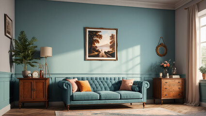 Vintage Comfort: Serene Room with an Empty Wall and Period Decor, Generative AI