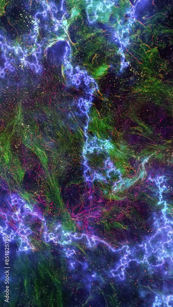 Wall mural vertical abstract liquid space particles 4k loop features a green and red space flowing liquid scene