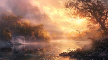 Obraz premium Golden light bathes serene landscape with mist creating a calm oasis in chaos