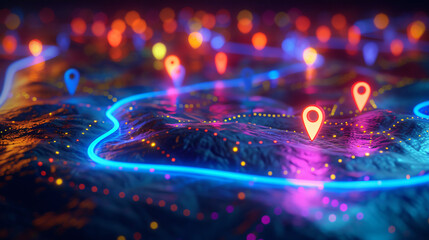 Digital landscape with glowing lines guiding the way and location pins marking the path