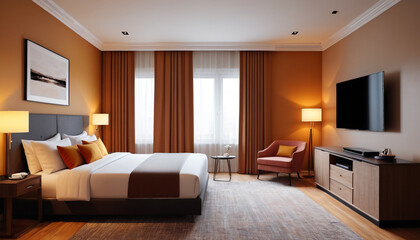 Fototapeta premium An inviting hotel suite featuring warm tones against a plain backdrop, creating a cozy and welcoming atmosphere for guests to enjoy their stay, Generative AI