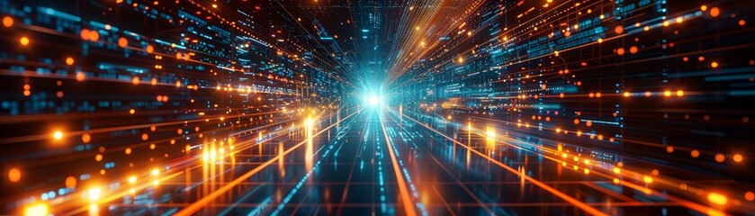 Fototapeta premium Abstract digital data stream, glowing blue and orange lines, futuristic technology background, high-speed data transfer concept.