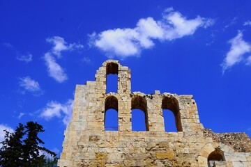 View of the exterior wall arches of the Odeon of Herodes Atticus, or Herodeon, in Athens, Greece