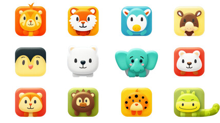 Obraz premium Cute animal icons in colorful squares for children s app or website design, Cut-out 