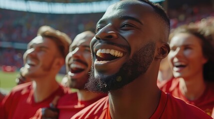 A group of diverse soccer players is celebrating their win on the field, showcasing teamwork and jubilation