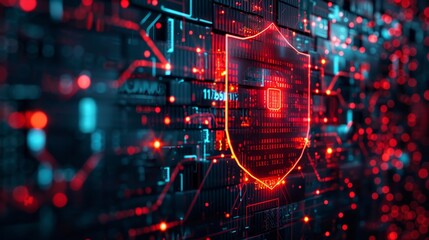 Obraz premium Cybersecurity concept with a glowing shield icon on a digital screen, representing data protection and secure network communication.