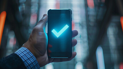 Businessman holding a phone displaying a check mark, symbolizing accomplishment in the digital age