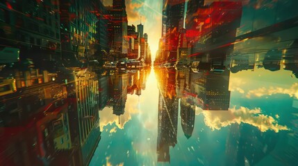 Fototapeta premium The image features a stunning reflection of a sunset between high-rise buildings, creating a symmetrical urban scene