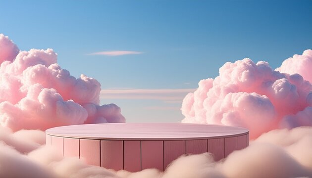 Surreal cloud podium outdoor on blue sky pink pastel soft fluffy clouds with empty space.Beauty cosmetic product placement pedestal present promotion minimal display,summer paradise dreamy concept.