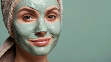 Fototapeta premium Close-up of a smiling woman with a green facial clay mask, wearing a head towel against a teal background