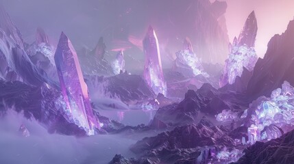 Obraz premium Crystalline structures and iridescent surfaces in a serene otherworldly landscape