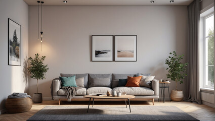 Fototapeta premium Minimalist Scandinavian Refuge: Peaceful Room with an Empty Wall and Nordic Simplicity, Generative AI