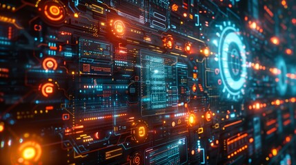 Obraz premium Futuristic digital interface with glowing neon elements, representing advanced technology and data analysis in a high-tech environment.