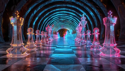 Futuristic neon-lit glass chess pieces in a tunnel representing strategy and competition. Vibrant lights create a surreal atmosphere.