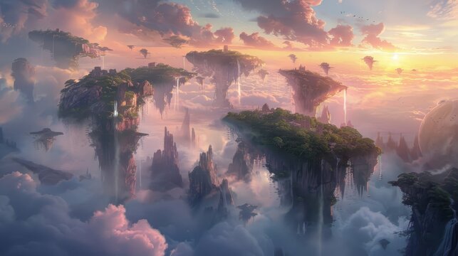 Pastel clouds with floating islands waterfalls and lush greenery