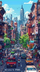 Obraz premium Vibrant animated street scene with busy traffic and towering skyscrapers in the background, showcasing a bustling metropolis day.