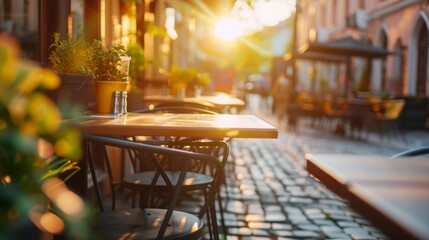 A view down a cobblestone street towards empty cafe tables in the warm evening sunlight.