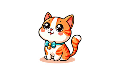 Cartoon cat with beautiful eyes, stylized and cute, bright colors, adorable on a white background