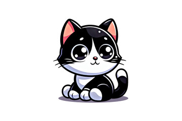 Cartoon cat with beautiful eyes, stylized and cute, bright colors, adorable on a white background
