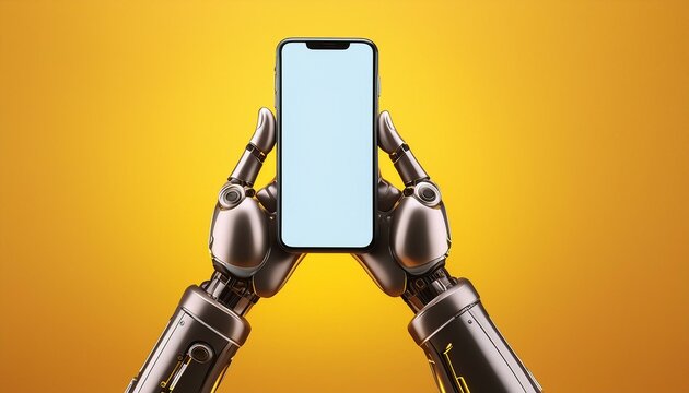 Robot tenant un t&eacute;l&eacute;phone entre les mains
