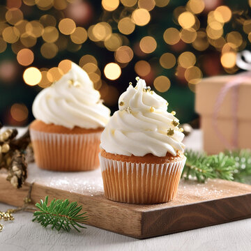 Cupcakes con crema batida en una mesa de madera en una nevada
