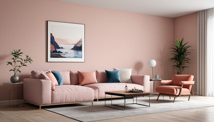 With a plain wall backdrop and adorned in soft, subtle hues, the minimalist living room provides a calm and modern space for guests to unwind and enjoy their stay, Generative AI