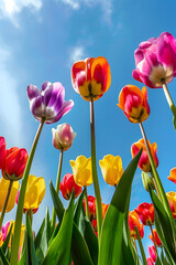 Bunte Tulpen bl&uuml;hen unter blauem Himmel
