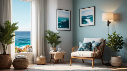 Naklejka premium A peaceful reading nook with a comfy chair and oceanthemed decorations, fostering relaxation in coastal style, Generative AI