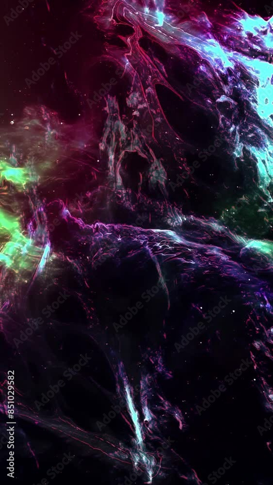 Wall mural vertical abstract space glow flight 4k loop features abstract red, yellow, purple, and blue liquid l