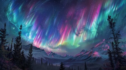Fototapeta premium Iridescent light ribbons dance across the sky in a celestial panorama