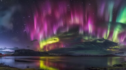 Panorama inspired by aurora borealis with iridescent light ribbons