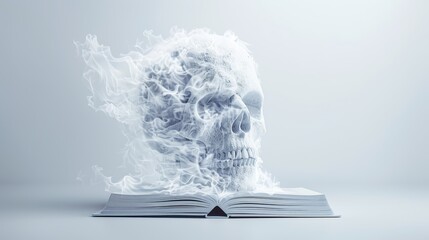 Mysterious lich's face, ghostly and undead, coming out of an ancient, magical book, anime style, set against a plain white background, with glowing runes