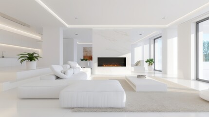 Modern open living room, spacious with a fireplace, soft daylight streaming in, plain white walls, minimalistic furniture, calm and elegant, photo realistic, 3D render, no people
