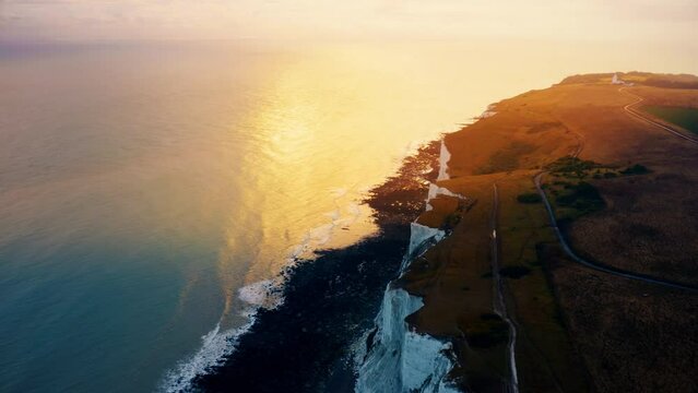 Seven Sisters, white cliffs iconic chalk cliff formation opposite Cuckmere Haven, Sussex, England, UK. White Cliffs of Dover. Seven Sisters National park. 