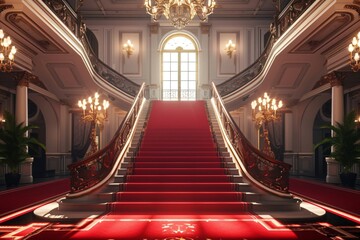 Regal Red Carpet Staircase with Ornate Golden railing, luxury Interior design