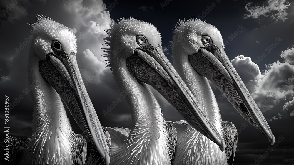 Sticker   Pelicans gathered near each other, framed by monochrome skies and billowy clouds