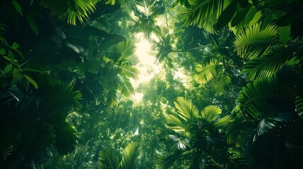 Forest canopy with sunlight filtering through leaves and shadows below