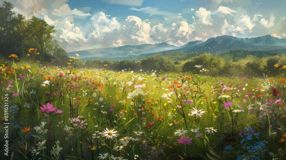 Canvas Prints Sprawling meadow carpeted with wildflowers vivid greens and colorful blooms