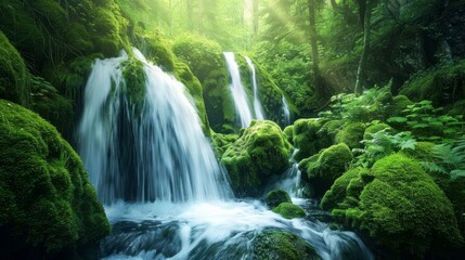 Fototapeta premium Tranquil forest with waterfall framed by verdant mossy rocks
