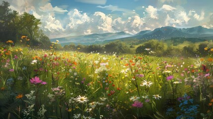 Obraz premium Sprawling meadow carpeted with wildflowers vivid greens and colorful blooms