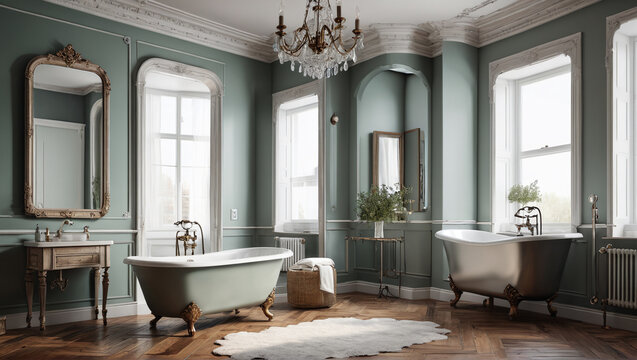 An elegant bathroom with a clawfoot tub and antique mirrors, offering a blend of luxury and nostalgia, Generative AI