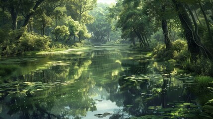 Obraz premium Sun-dappled forest and tranquil river reflecting verdant greenery