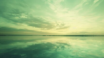 Obraz premium Greenish glow at sunset over tranquil lake with pastel-toned sky