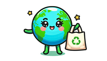 Fototapeta premium Kawaii Happy Planet Earth Character Holding Fabric Bag For International Plastic Bag Free Day On White Background