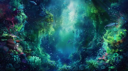 Obraz premium Green light pierces underwater depths illuminating marine life