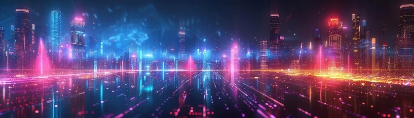 Futuristic cityscape at night with neon lights and digital elements, creating a vivid, cyberpunk aesthetic and dynamic atmosphere.