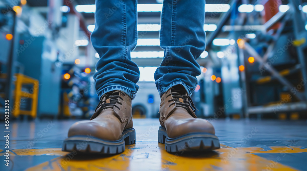 Poster showing a factory worker standing firm, emphasizing the importance of safety and personal protective