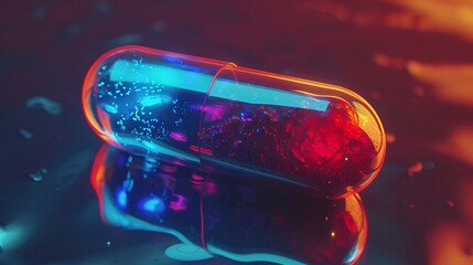 Smart digital pill or capsule on glowing blue and red background. Future Healthcare, Pharmaceutical and scientific medical technology concept.