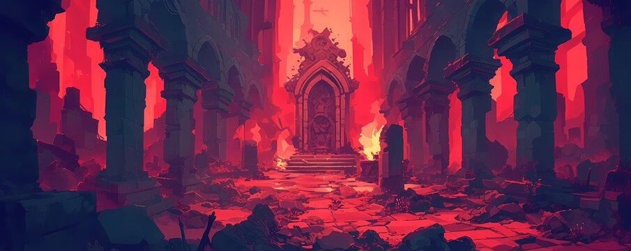 Burning entrance to scary dungeon ruins with monsters. Mysterious temple gate. Fantasy landscape.  Cartoon illustration for game background, poster, banner, card